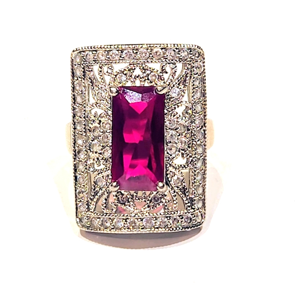 925 Rectangular cocktail ring. Lab created ruby faux diamond.  Size 7.75
